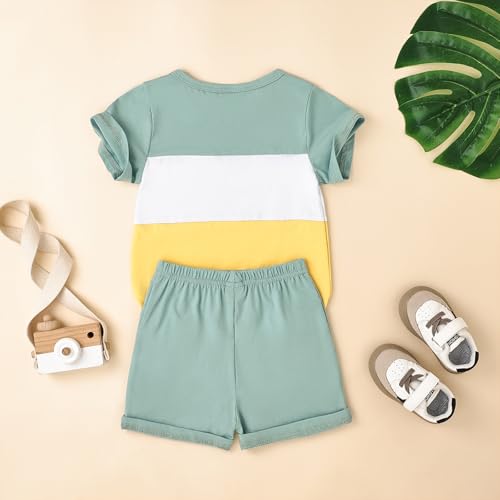 Image of Toddler Boy Clothes Baby Summer Outfit Patchwork Tee Shorts 12M-4T | Soft Patchwork Tee, Pocket Shorts With Stretch Waistband, Breathable For Summer Play, Machine Washable