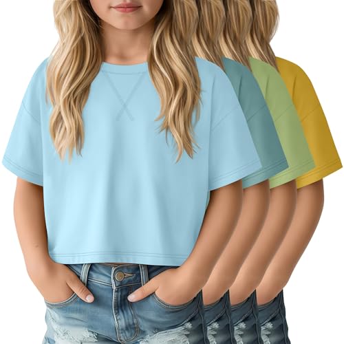 LessonZoo 4 Pack Girls Crop Tops 5-14Y Short Sleeve T-Shirts Tween Crew Neck Teen Oversized Cute Cropped Summer Athletic Tee(Sky Blue, Bean Green, Light Green, Brown Yellow,11-12 Years)
