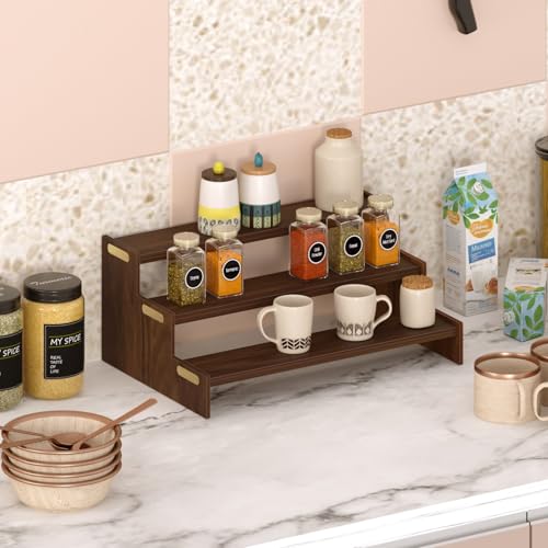 Image of BLUEWUD Dolvin Ladder Style Engineering Wood Spice Masala Rack Shelf Stand Organizer /Spice Bottle Display Rack & Cup Stand for Home & Kitchen, DIY (Do it Yourself), (Brown Maple, 36 X 24 X 15 Cm)