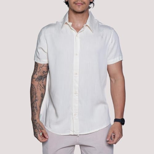 Camisa de Linho Manga curta Social Verão Fresca Gola Italiana Elegante em Visco-Linho (BR, Alfa, M,