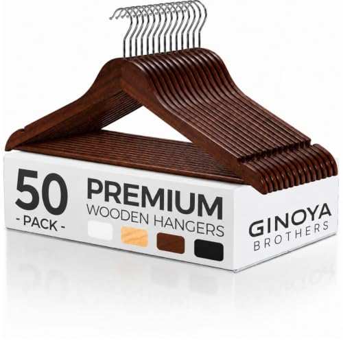Image of GINOYA BROTHERS Walnut Wooden Suit Hangers 24 Pack with Non Slip Pants Bar - Smooth Finish Solid Wood Coat Hanger for Camisole, Jacket, Pant, Dress Clothes Hangers (Walnut: 50)