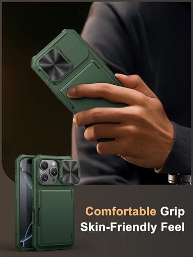 Image of Vihibii for iPhone 16 Pro Case with Card Holder (4 Cards) [RFID Blocking] & Slide Camera Cover, Military Grade Drop Protection, Rugged Hard Back & Silicone Edge Wallet Phone Case, 6.3 inch 2024, Green