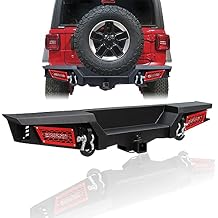 Rear Bumper Textured Black Compatible with 2018 2019 2020 2021 2022 2023 2024 2025 Jeep Wrangler JL & JLU w/2 x 24W LED Lights & Hook Receivers & 2X 4.75T D-Rings
