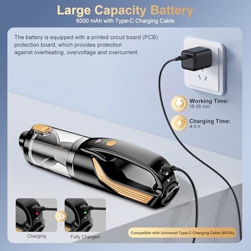 Image of RABIGALA 4-in-1 Cordless Handheld Car Vacuum Cleaner with 12V 5M Cigarette Lighter Adapter Cable, 27000Pa, 2 Speeds, 80000rpm Brushless Motor, Rechargeable Portable Car Vacuum Cleaner for Car and