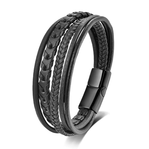 JSNOM Bracelet Homme Bracelet en Cuir Cadeaux : Cuir Tressé Noël Fête des Pères Saint-Valentin Cadeau d'anniversaire Cadeaux d'amour Bijoux Cadeau pour petit ami Mari Hommes (Noir, 22,4 cm)