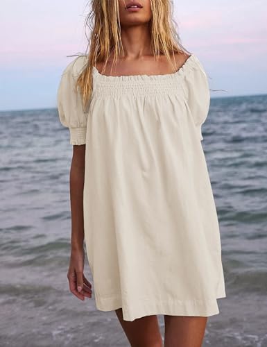 Image of Huaqiao Womens Summer Mini Dress 2026 A-Line Square Neck Puff Sleeve Beach Sundress Casual Short Dress with Pockets