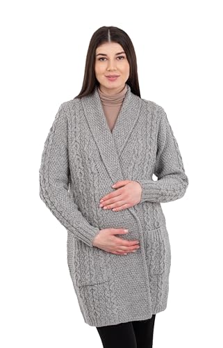 Cardigan de grossesse tricot irlandais long en laine mérinos
