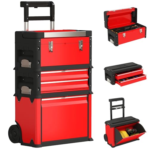 HOMCOM Lot de 3 boîtes à outils sur roulettes empilables et modulaires, servante d'atelier caisse à outil trolley en acier avec plateau, poignées et serrure, pour...