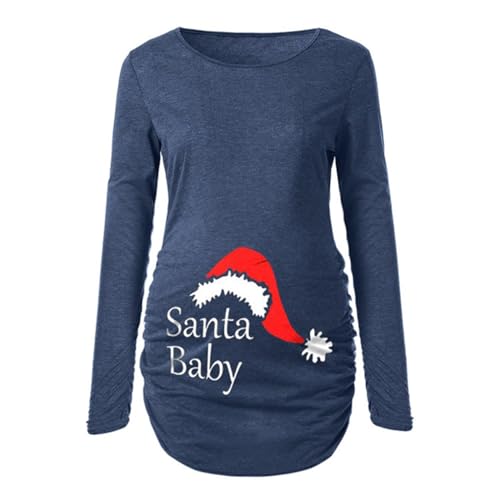 Camiseta de manga larga para maternidad, doble capa, manga corta, estampado de letras para embarazo, Navidad, Navidad, camisetas de maternidad para invierno, azul, L