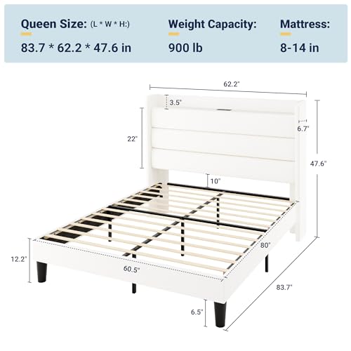 Image of Allewie Queen Size Upholstered Bed Frame with Charging Station, White