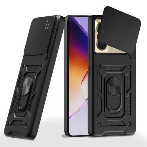 Image of Pikkme Back Cover for Infinix Note 40 Pro 5G | 360 Protection Case | Sliding Camera Shield Cover & Ring Holder Stand D10 Tough Armor Bumper Case (Black)