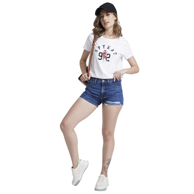 Image of Spykar Women Dark Blue Cottom Slim Fit Above Knee Length Denim Shorts