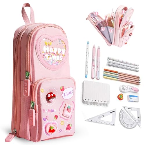 Image of Canvas School Bag Pencil Case, 3 Layer 6 Compartment Large Capacity, Aesthetic Pencil Pouch for Stationary, Cute Stationery for Kids, Pencil Case for Girls & Boys (Happy TIME Pink)