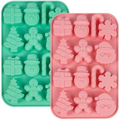 2PCS Christmas Silicone Cake Molds, 3D Christmas Chocolate Candy Molds, Snowflake Gingerbread Xmas Tree Cane Santa Snowman Shapes Baking Molds for DIY Candy Soap Jelly Ice Cube Tray Cake Topper Cover