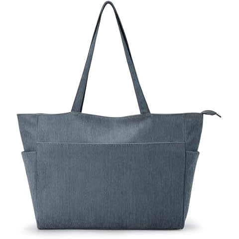 WLLWOO WLLWOO Large Corduroy Tote Bag for Women, Zipper Casual Shoulder Hobo Bag with Pockets for Travel Work College, Blue Grey Cover