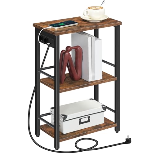 MAHANCRIS Mesa Auxiliar Estrecha con Regleta, Mesita de Noche de 3 Niveles, con Puerto USB, Puerto USB-C y Enchufes, para Sala de Estar, Recibidor, Dormitorio, Oficina, Marrón Rústico AETHR29UE01