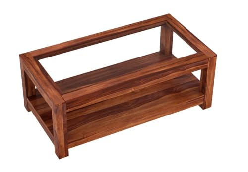 Image of Sheesham Wood Coffee Table with Glass Top Multipurpose Tea Table Wooden Centre Table for Living Room Home and Office (Wooden)