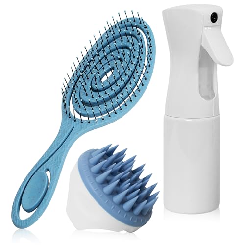 Set de Peinado, Cepillo Antitirones, Masajeador Cuero Cabelludo, Pulverizador Agua, Cepillo Desenredante sin Tirones, Masajeador Cabeza, Spray Agua Pulverizador (Azul)