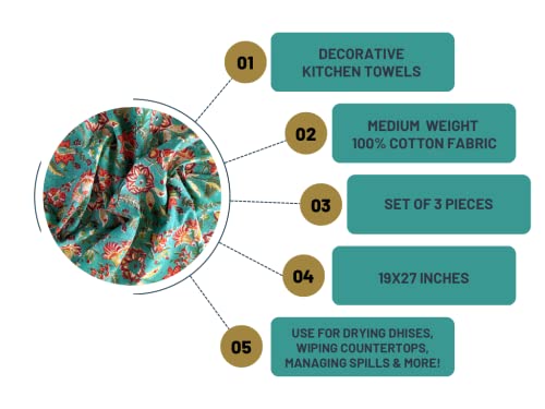 Craftbot 100% Cotton Decorative Kitchen Towels - Set Of 3 Dishcloths - 19 X 27 Inches - Green Floral Kitchen Towels - Absorbant Kitchen Dish Towel For Dryng Dishes - Indian Block Print Tea Towel #TOP7