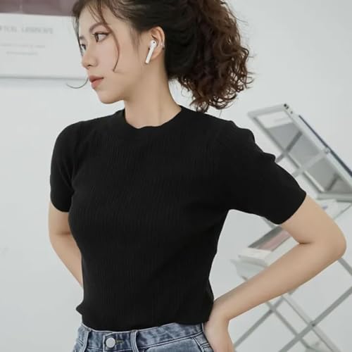 Image of Istyle Can Women Ribbed Slim Fit Top | Stretch Cotton Knit Crew Neck T-Shirt | Solid Casual Short Sleeve Tee for Office, Layering