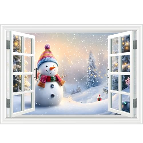 Fake Window Wall Decal - Merry Christmas Snowman Conifer Snow Scene Sticker