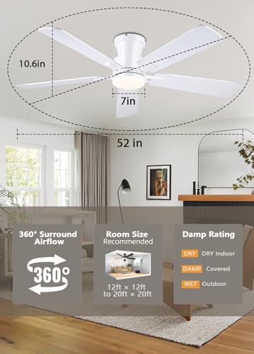 Image of JSAITEE 52 inch Flush Mount Ceiling Fans with Lights Low Profile White | Modern Fans DC Reversible Motor, 3CCT Dimmable, 6 Speeds Fan Light for Indoor Bedroom, Kitchen, White