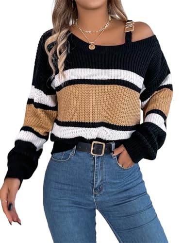 AMOMA Women's Color Block Lantern Sleeve Metal Buckle Off Shoulder Knitted Striped Pullover Sweater3