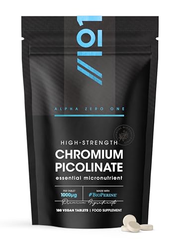 Chromium Picolinate 1000mcg 180 Vegan Tablets Blood Sugar + Metabolism Support 6 Months Supply - Resealable and Recyclable Pouch by Alpha01