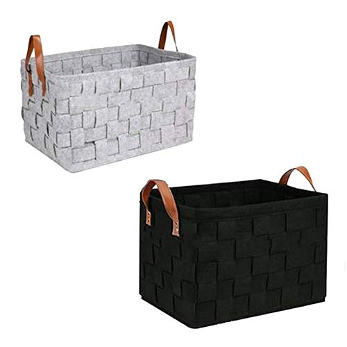 Pudełko do przechowywania ze skórzanymi uchwytami, ręcznie robiony filcowy dekoracyjny kosz organizer do szafy i półki na książki, składany 41 x 30 x 29 cm