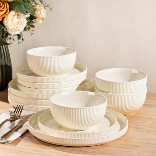 Image of TheTerra Ceramic Dinnerware Set for 4, 12-Piece Plates and Bowls Set