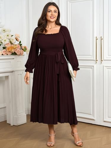 Women's Plus Size Dress Long Sleeve Smocked Square Neck Ruffle Pleated Flowy Wedding Guest Maxi Fall Dress3