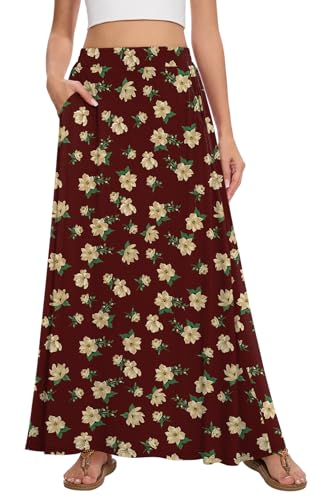 Image of Womens Maxi A-line Long Skirt Casual 2026 Elastic High Waist Flowy Skirts with Pockets