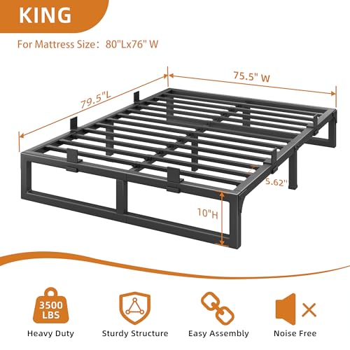 Image of 10 Inch Metal King Bed Frame with Steel Support, Noise-Free | Easy Assembly, Underbed Storage, U-Shaped Groove, 6 Mattress Baffles, No Box Spring Needed, Rubber Pads, Squeak Free, Black
