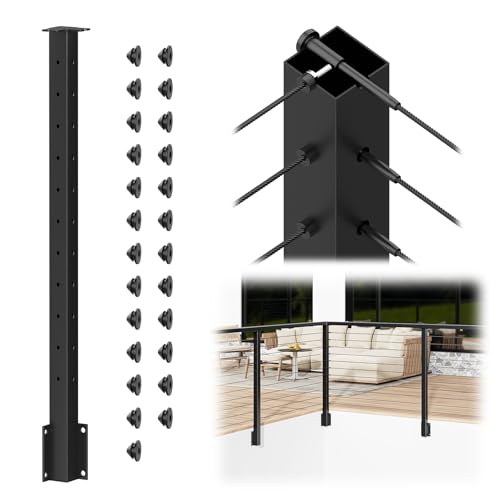 Image of BLIKA 36 inch Side Mount Inside Corner Post, Stainless Steel, 3-Side Drilled Fascia Mount Post for Cable Railing Kit, Black Powder Coated Side Mount Inner Corner Post