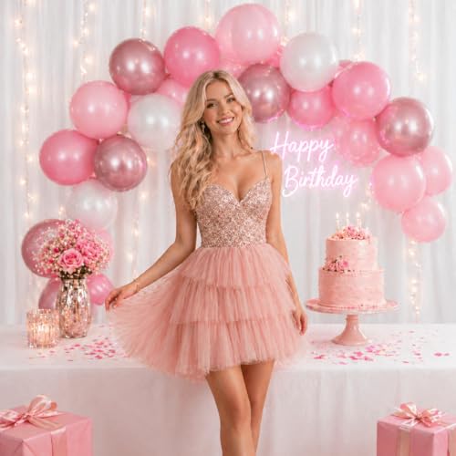 Image of Pink Balloons for Birthday Party Decorations- 12 Inch Different Shades of Pink Metallic Chrome Pearl Baby Light Matte Latex Balloon Bulk 50Pcs for Girls Women Coquette Pink Bow Kitty Theme Decor