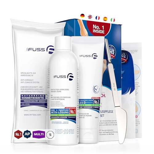 Mr. Fuss® No. 1 - Advanced Pack Multi - Klein, Nagelhaut- Hornhautentferner Sparpaket 4 tlg. Aktiv-Lösung Schnell & Stark erweichend - 200 ml, Balsam No. 2-100 ml, Watte, Multitool