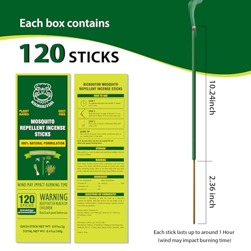 KICKOUTOR® Mosquito Repellent Outdoor Patio 120 PCS Citronella Oil Mosquito Incense Sticks Natural Organic Mosquito Barrier Mosquito Repeller for Backyard Travel Camping Indoors Gnat Mosquito Control