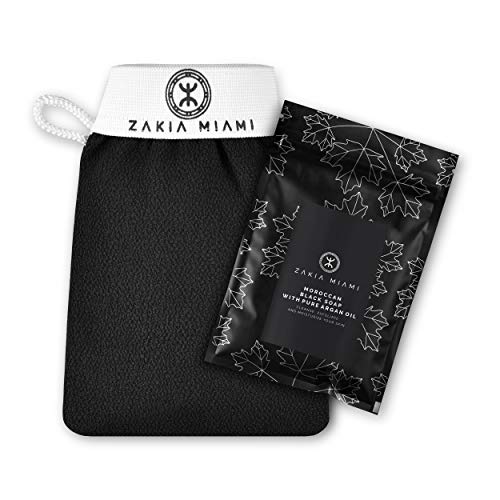 ZMCARE Original Moroccan Hammam Kessa Glove - Exfoliating Mitt for Smoother Skin - Body Exfoliator Body Scrub Glove - Morocco Shower Exfoliate Mitt - Bath Exfoliation Scrubber + Moroccan Black Soap with Pure Argan Oil (3.5 oz/100 grams)  Cleanse, Ex