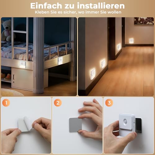 Nachtlicht mit Bewegungsmelder 2 Stück Aufladbar Akku LED Lampe mit Bewegungsmelder Innen Licht Dimmbar Helligkeit Warmweiß LED Nachtlampe Batterie Treppenlicht für Kinderzimmer, Gang, Treppe, Küche