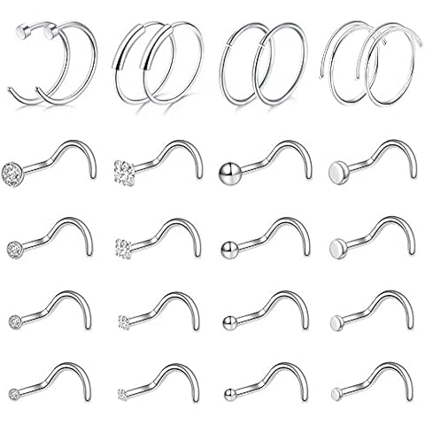 Piercingpops 24Pcs Surgical Stainless Steel Mixed Nose Stud Nose Ring Hoop Cartilage Earrings Nose Piercing Body Jewelry for Women Men Set (A:24PCS - Silver（Nose Screws Style）) Cover