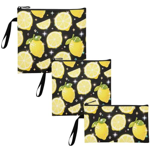 Yoogain Fake Sequin Glitter Black Lemon 3 Pcs Reusable Sandwich and Snack Bags Multi-Use Food Storage for Work Office Travel Picnic