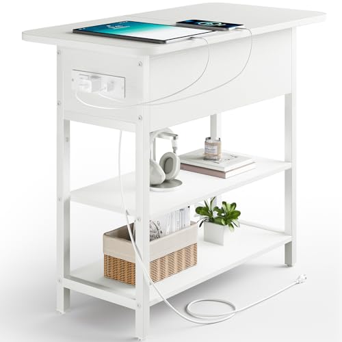 Image of Yoobure End Table with Charging Station, Flip Top Side Table with USB Ports and Outlets, Sofa Couch Table Bedside Table for Living Room Bedroom, Narrow Nightstand with Storage Shelves for Small Spaces