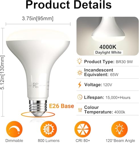 Image of TJOY 12Pack BR30 Flood Light Bulb Indoor, Natural White Recessed Light Bulb