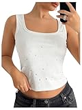 Floerns Women's Rhinestone Tank Top Sleeveless Square Neck Ribbed Y2k Party Camisole White Medium