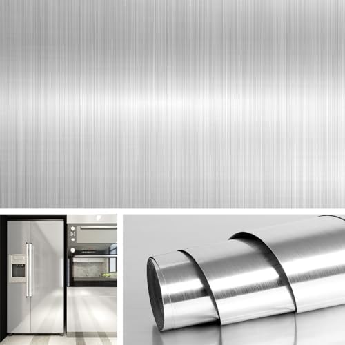 Livelynine 24x394 Stainless Steel Peel and Stick Countertop Contact Paper Heat Resistant Waterproof Wallpaper Kitchen Counter Top Silver Contact Paper Appliances Fridge Wrap Vinyl Refrigerator Covers