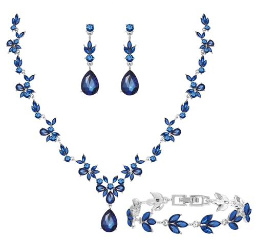 Paxuan Bridal Wedding Elegant Floral Jewelry Set for Women/Brides/Bridesmaids Crystal Jewelry Set for Wedding Prom Party Bridal Crystal Necklace Earrings Bracelet Set