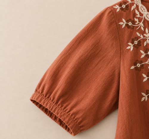 Image of RIEKA Womens Embroidered Korean Style Tunic Top, Floral Thread Work | V Neck | Puff Sleeves | Relaxed Fit Casual | Fusion Rayon Top for Every Day Styling
