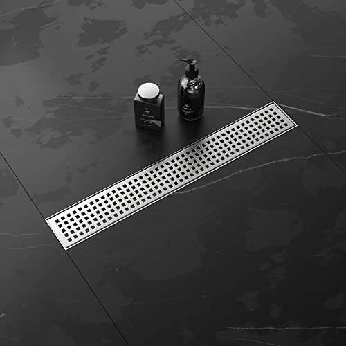 Bernkot Caniveau de douche 45 cm, siphon à 360° avec anti-odeurs et tamis à cheveux en acier inoxydable - Gouttière de douche très plat DN50 DN40 Cover