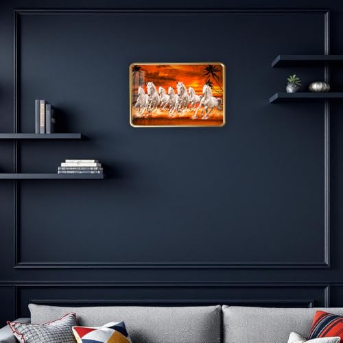 Image of 7 Running Horses Photo Frame, Ultra High Gloss Lamination, Vastu Painting for Living Room, Office, 12x18 Inch (Design 19)