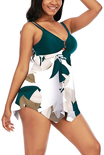 Swimsuits For Women Two Piece Bathing Suits Tummy Control Swimwear Modest Print Exquisite Ring Top With Boyshort Swimsuits Green Leaf #TOP3